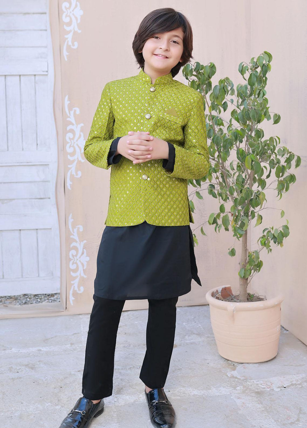 Hassan Jee  Formal Boys Prince Coat -  Green Prince Coat - P4