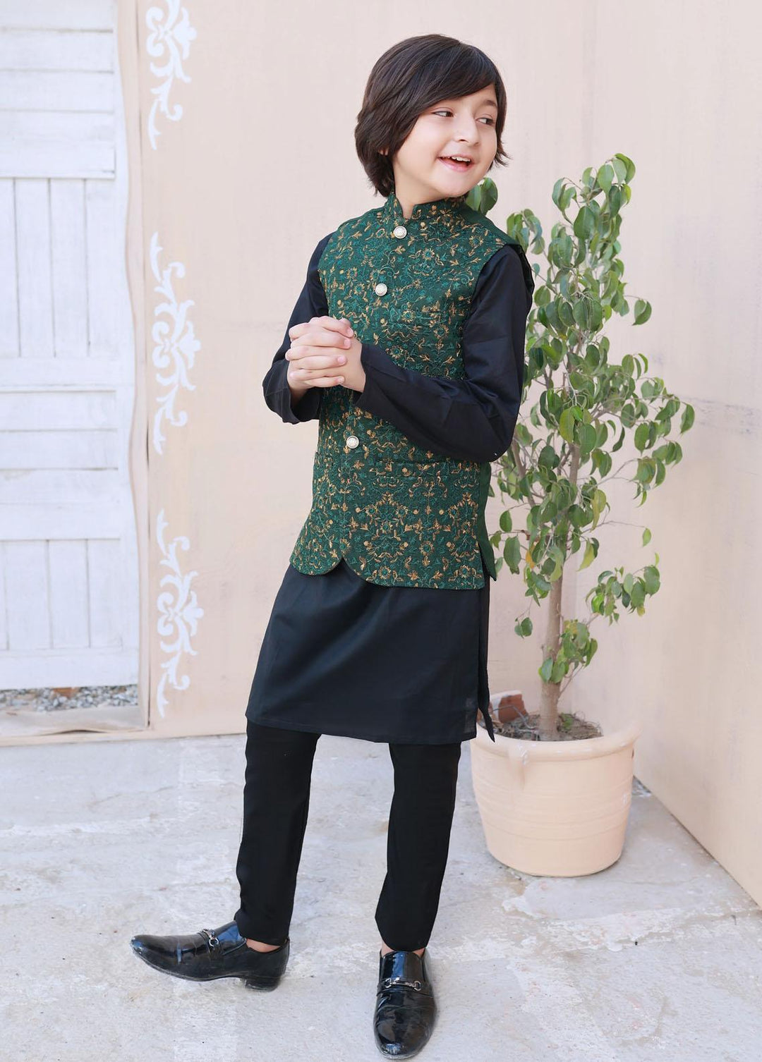 Hassan Jee  Embroidered 3 Piece Suit for Boys -  Leaf Green  - V25