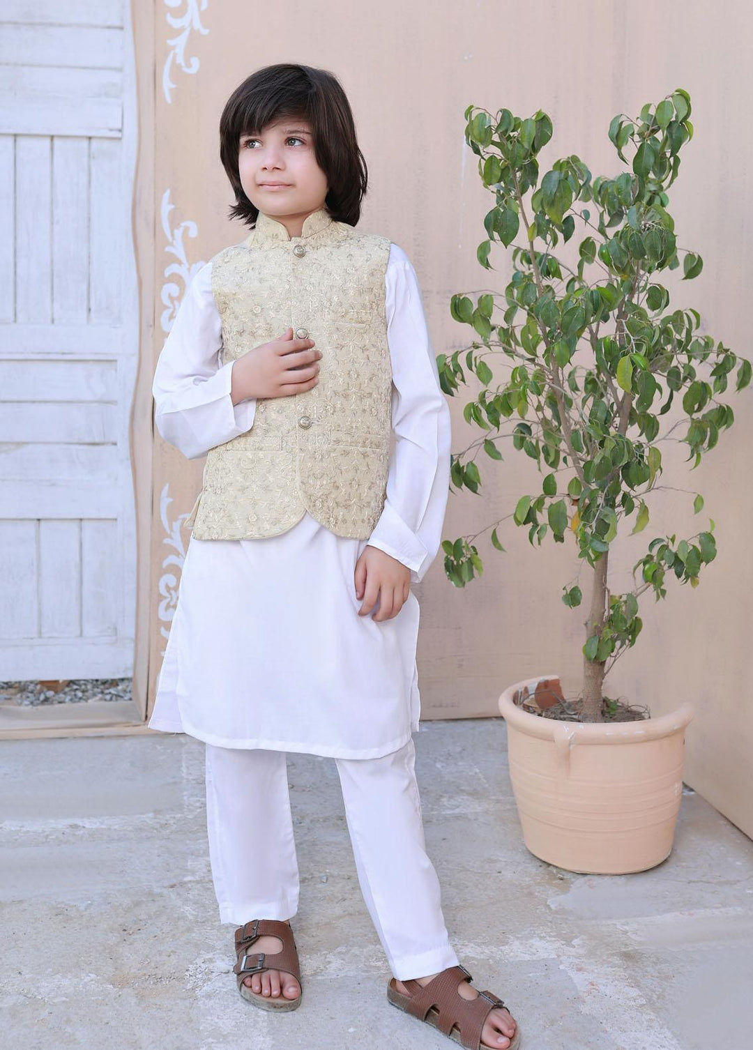 Hassan Jee  Embroidered Boys 3 Piece Suit -  Off White  - V24