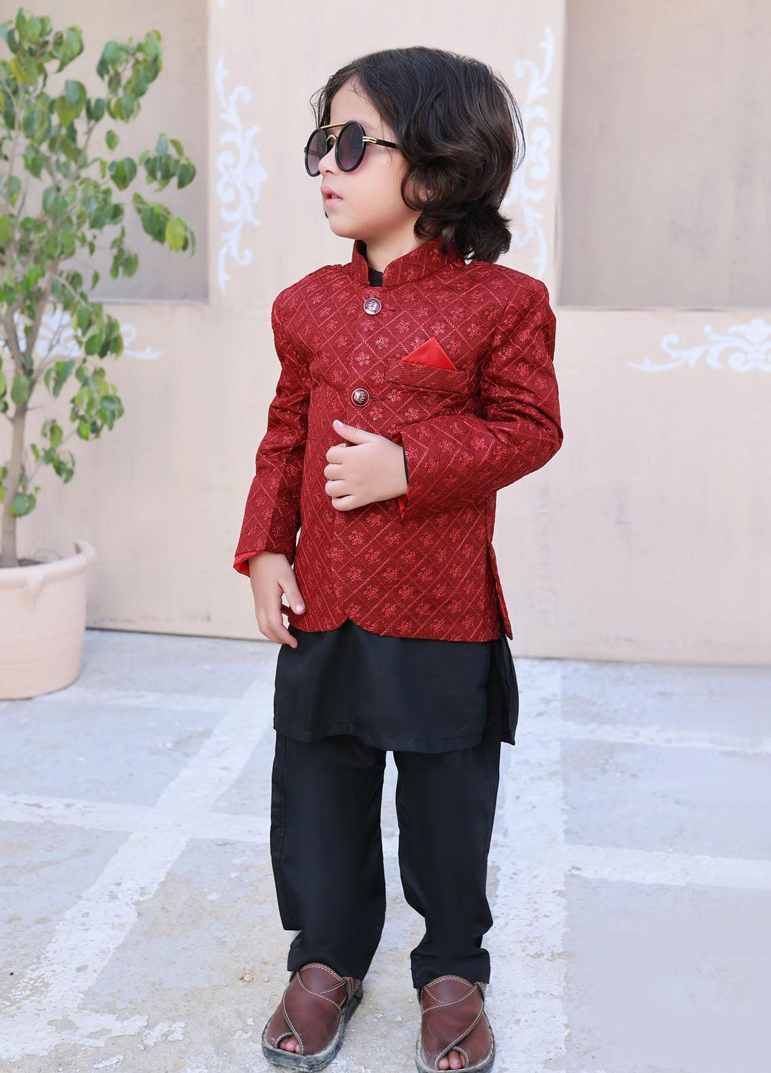 Hassan Jee  Formal Boys Prince Coat -  Red Prince Coat - P2