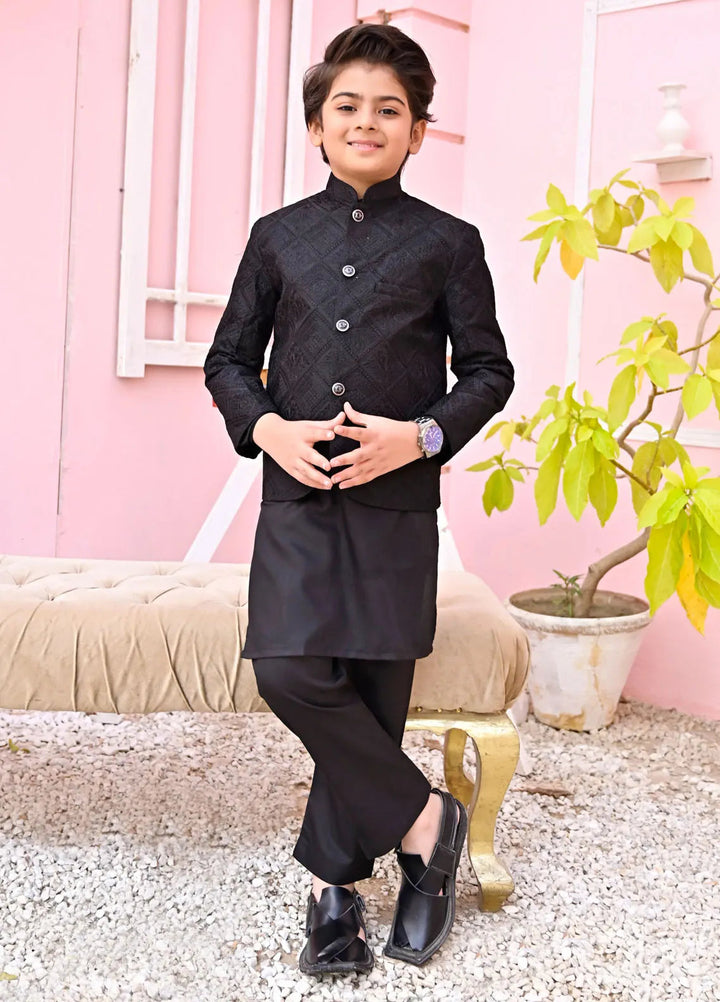 Hassan Jee Boys Formal Raw Silk Black Prince Coat - P10