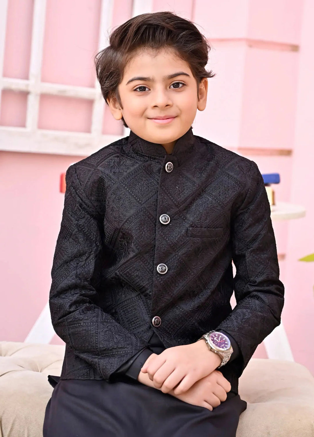 Hassan Jee Boys Formal Raw Silk Black Prince Coat - P10