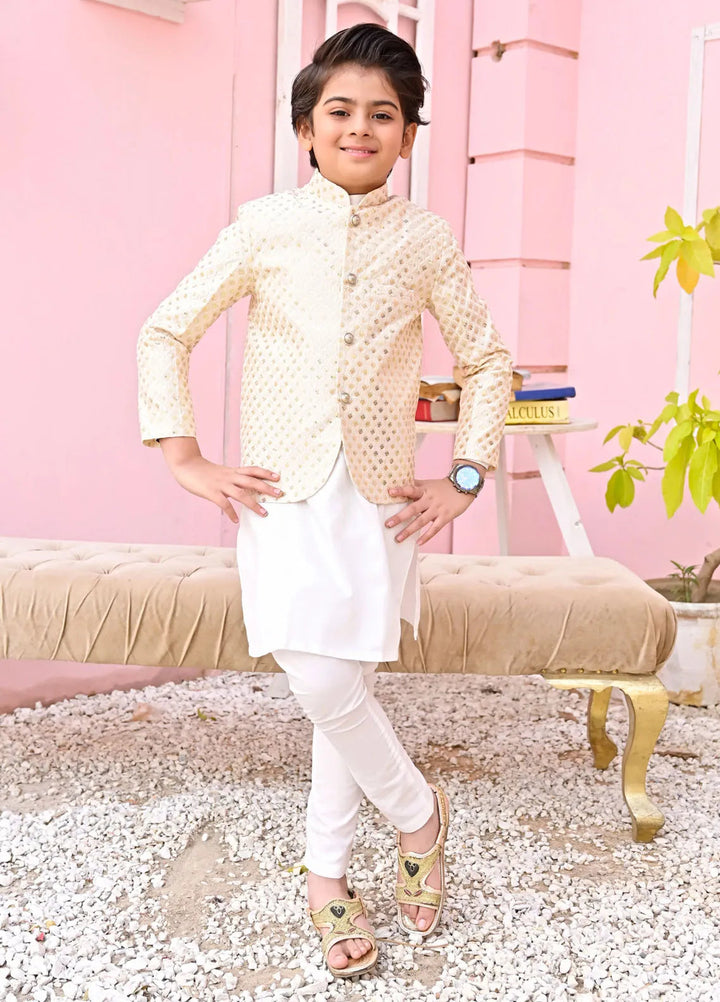 Hassan Jee Boys Formal Raw Silk White Prince Coat - P15