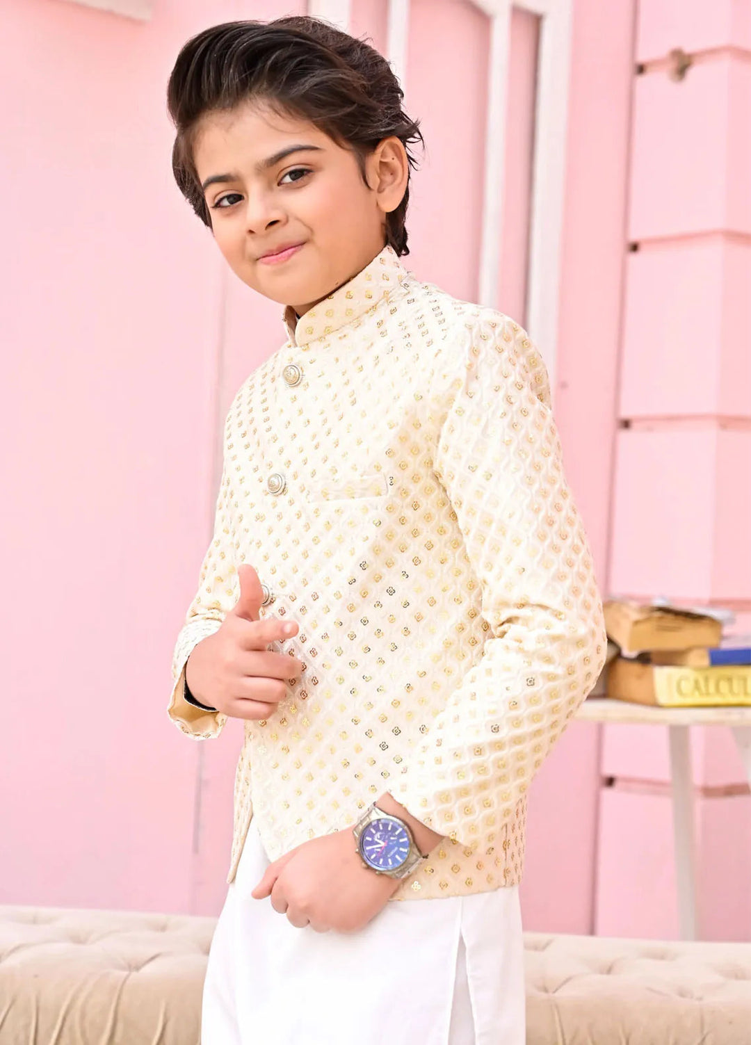 Hassan Jee Boys Formal Raw Silk White Prince Coat - P15