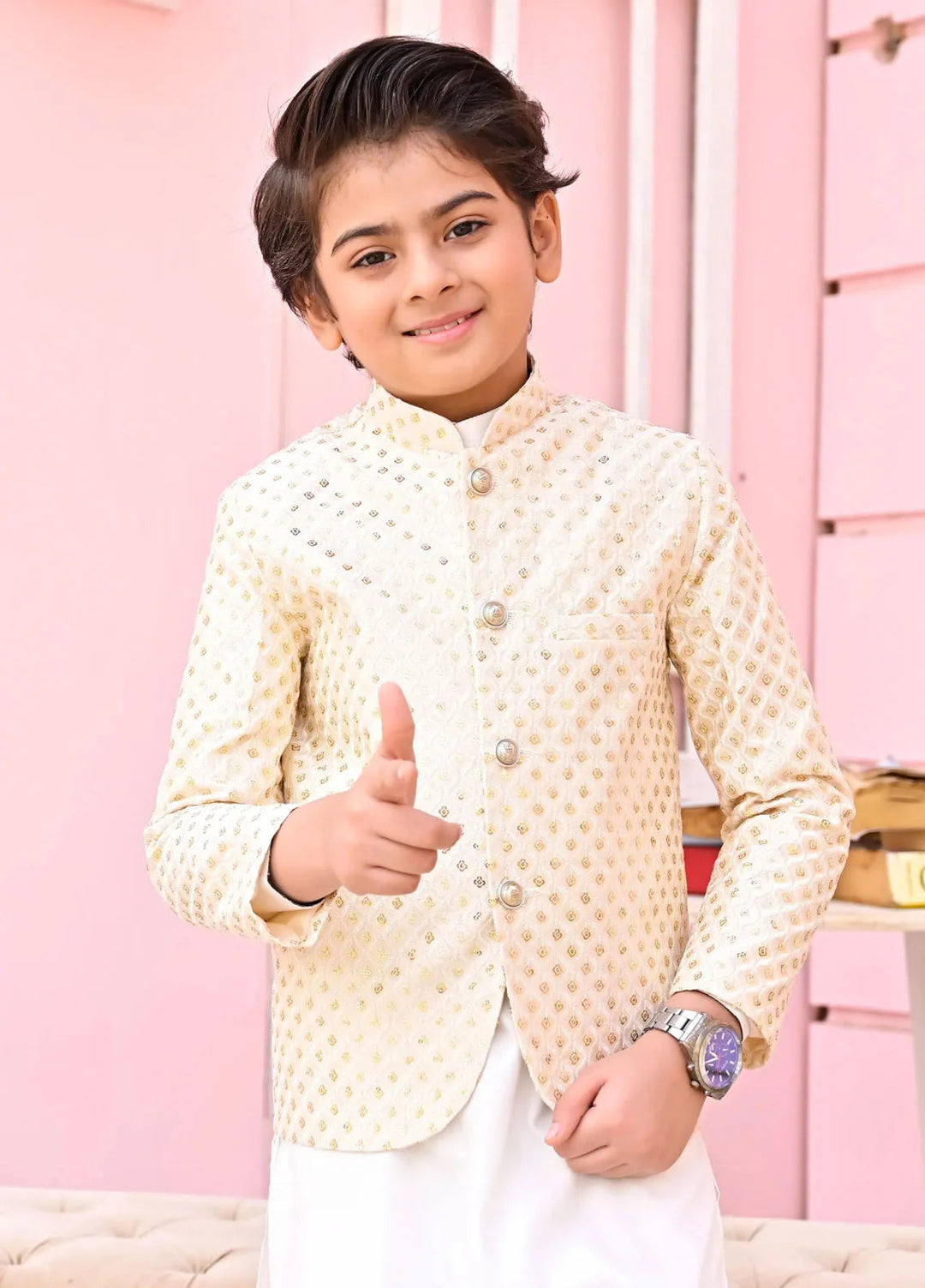 Hassan Jee Boys Formal Raw Silk White Prince Coat - P15