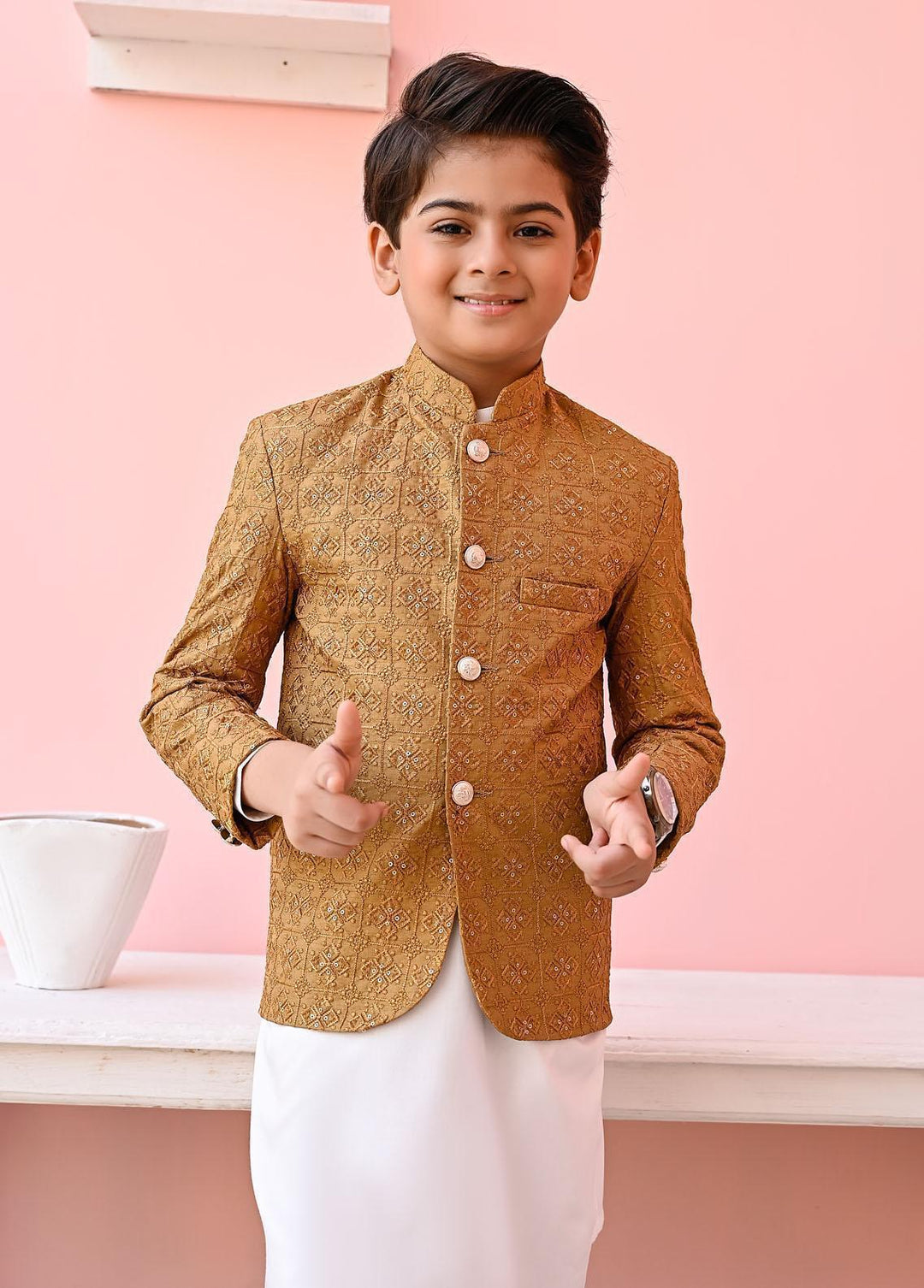 Hassan Jee  Formal Prince Coat for Boys -  Golden Prince Coat - P16