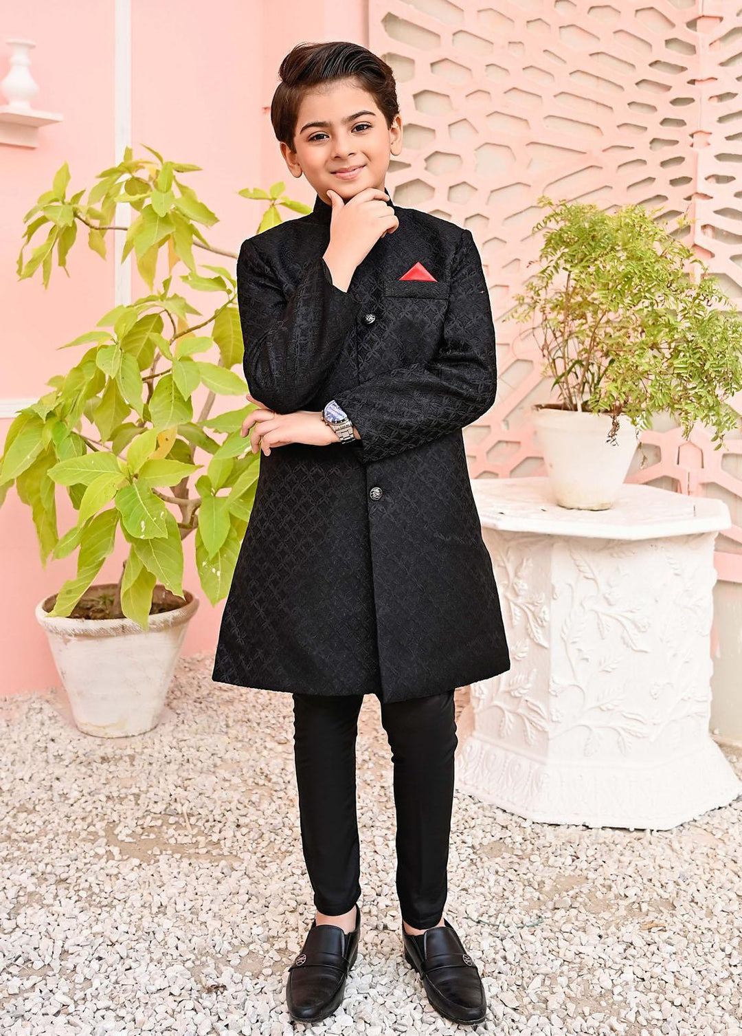 Hassan Jee  Formal  for Boys -  Black Jamawar Sherwani - S9