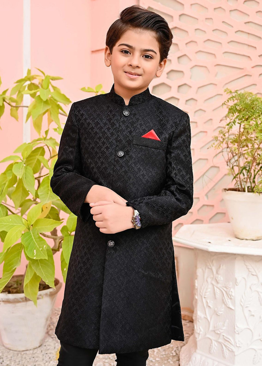 Hassan Jee  Formal  for Boys -  Black Jamawar Sherwani - S9