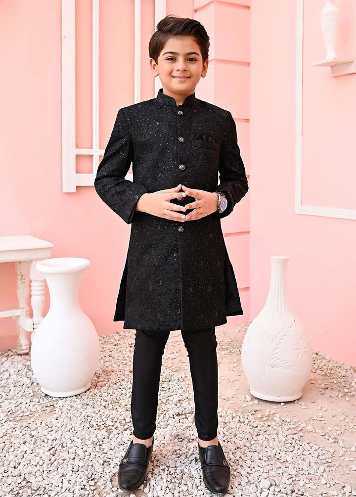 Hassan Jee  Formal  for Boys -  Black Mysore Sequence Sherwani - S11