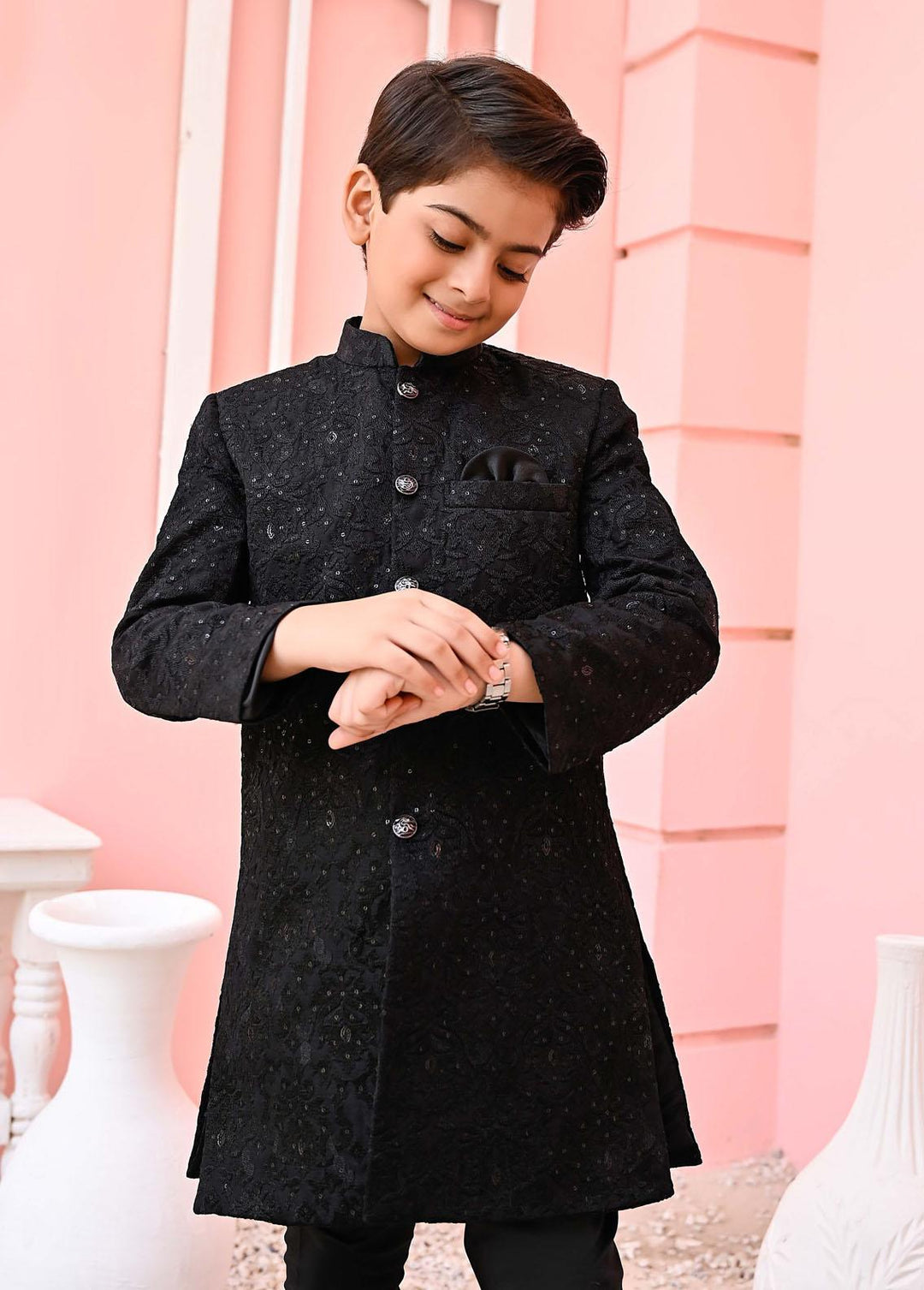 Hassan Jee  Formal  for Boys -  Black Mysore Sequence Sherwani - S11