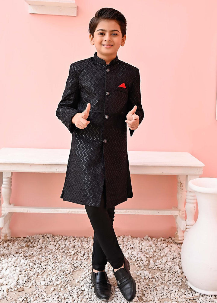Hassan Jee  Formal  for Boys -  Black Sequence Zigzag Sherwani - S7