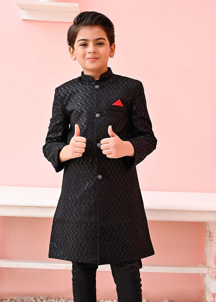 Hassan Jee  Formal  for Boys -  Black Sequence Zigzag Sherwani - S7