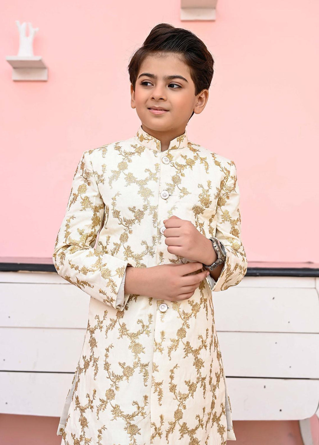 Hassan Jee  Formal Boys  -  Golden Mysore Sequence Sherwani - S10