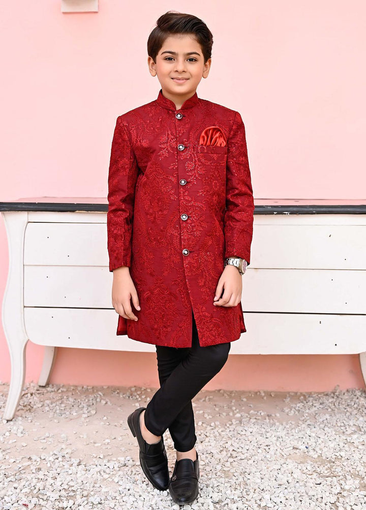 Hassan Jee  Formal Boys  -  Maroon Sequence Sherwani - S8