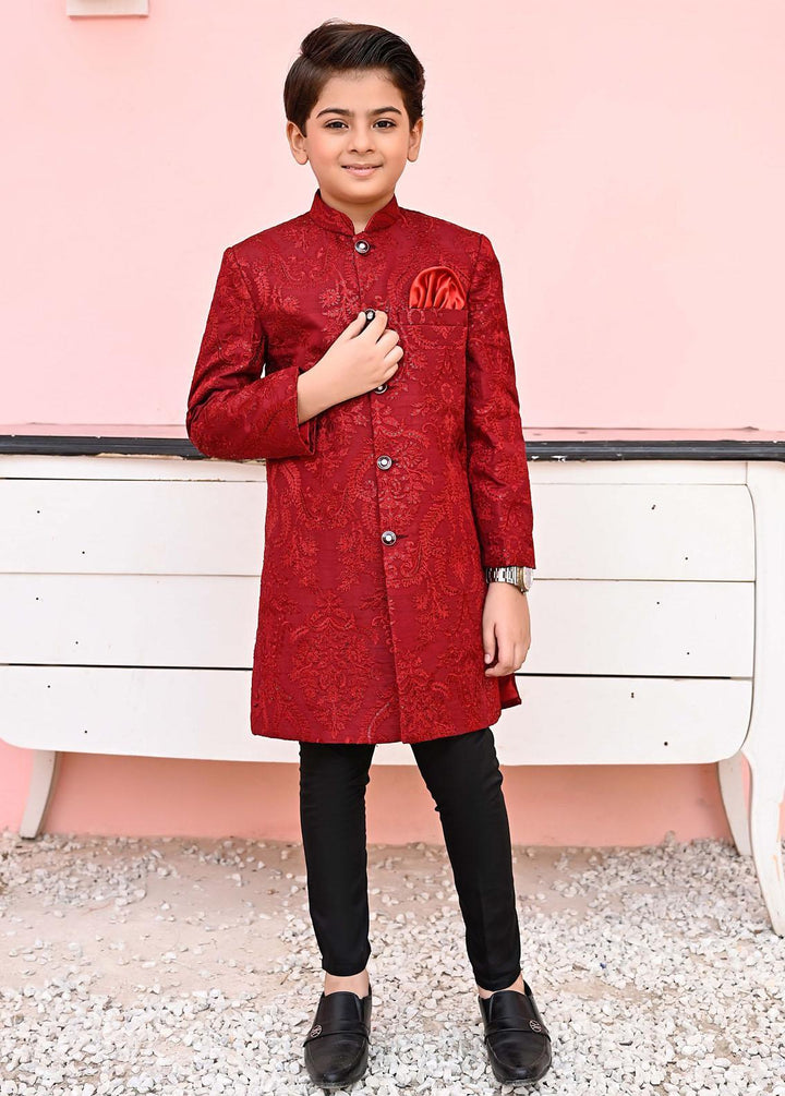 Hassan Jee  Formal Boys  -  Maroon Sequence Sherwani - S8
