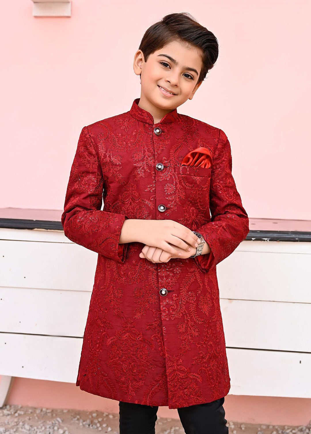 Hassan Jee  Formal Boys  -  Maroon Sequence Sherwani - S8