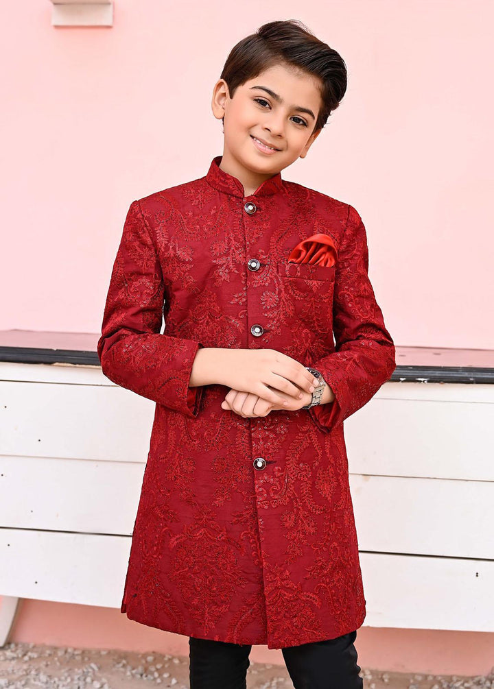 Hassan Jee  Formal Boys  -  Maroon Sequence Sherwani - S8