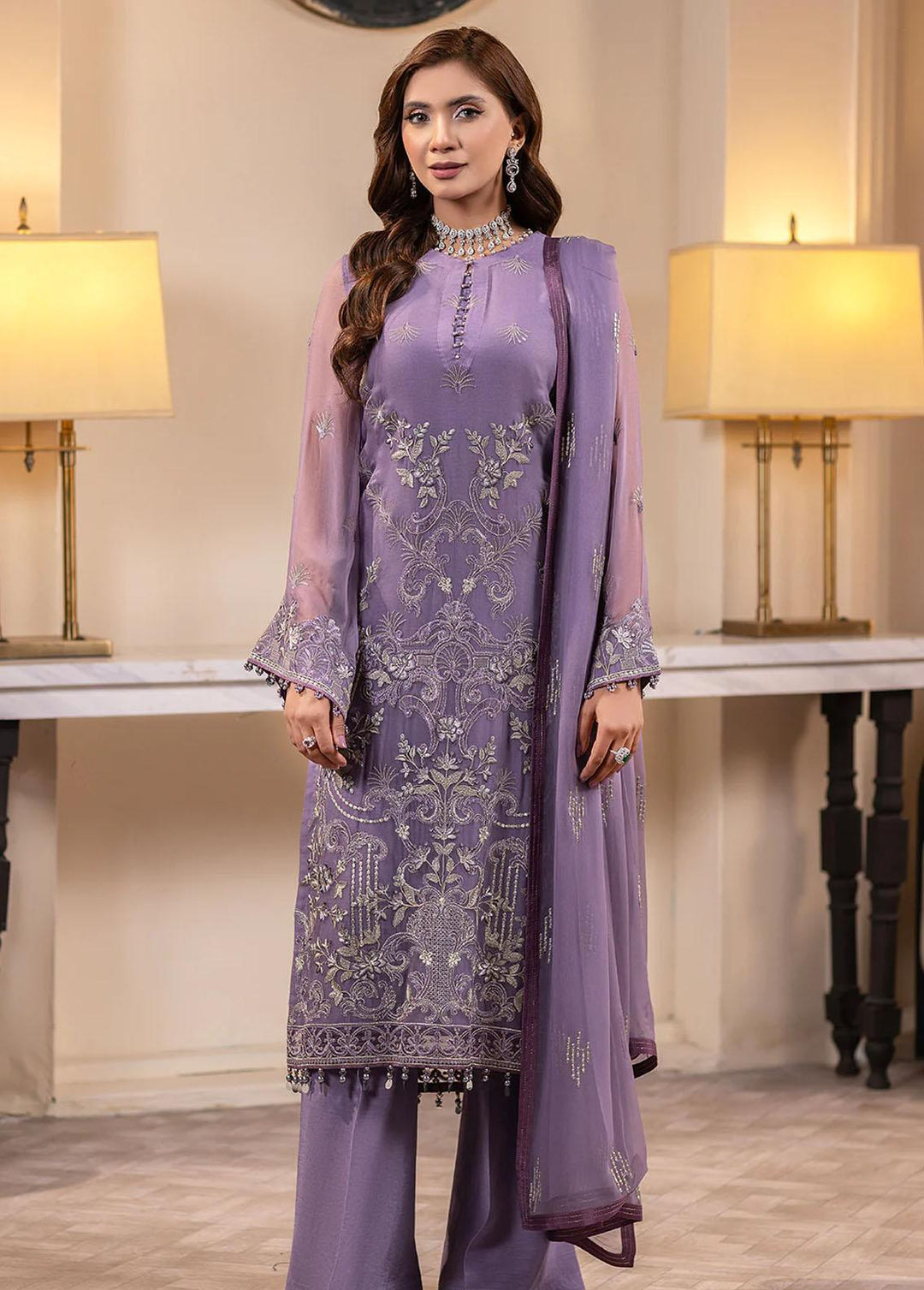 Haya By Kuch Khas Embroidered Chiffon Suits Unstitched 3 Piece FL23-KK14 K-1401 Dahlia - Festive Collection