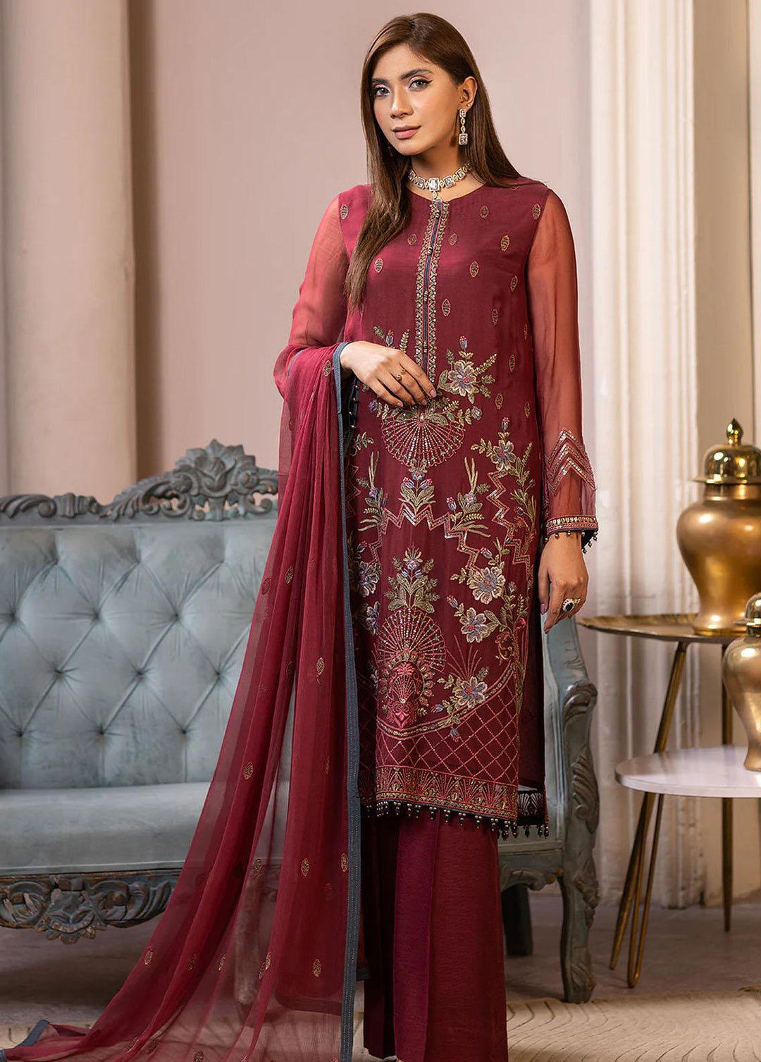 Haya By Kuch Khas Embroidered Chiffon Suits Unstitched 3 Piece FL23-KK14 K-1409 Warda - Festive Collection