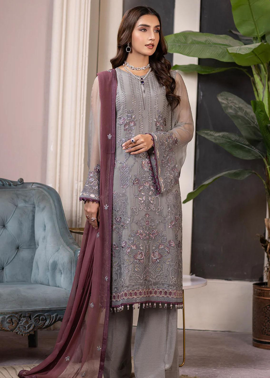 Haya By Kuch Khas Embroidered Chiffon Suits Unstitched 3 Piece FL23-KK14 K-1410 Mehsa - Festive Collection