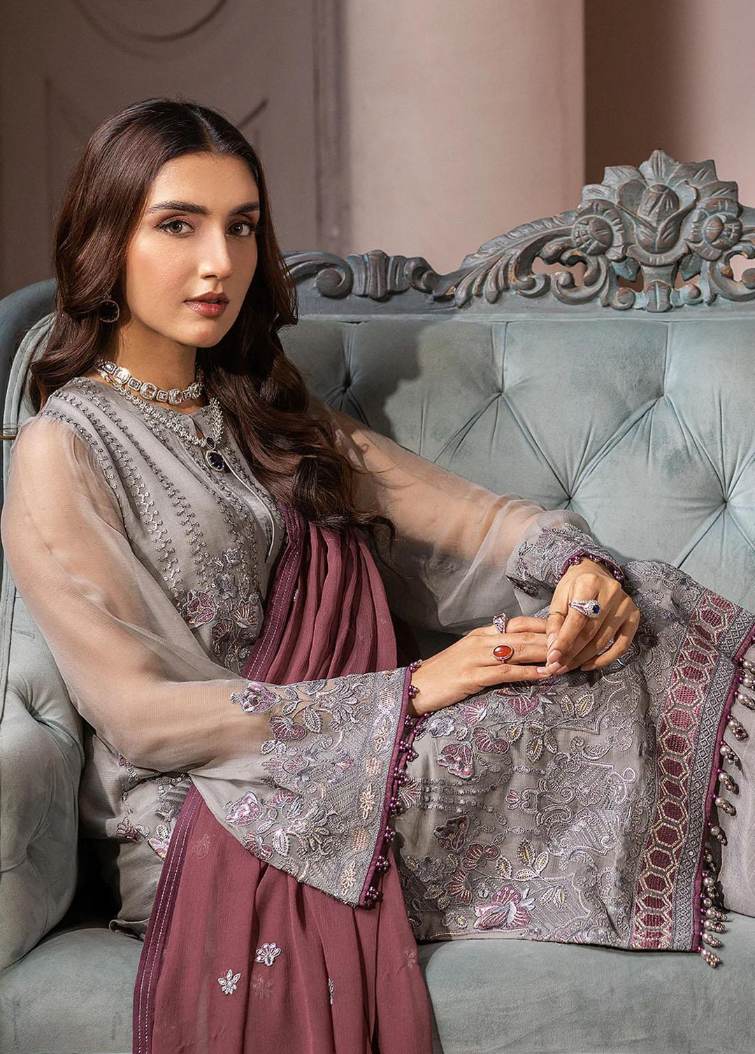 Haya By Kuch Khas Embroidered Chiffon Suits Unstitched 3 Piece FL23-KK14 K-1410 Mehsa - Festive Collection