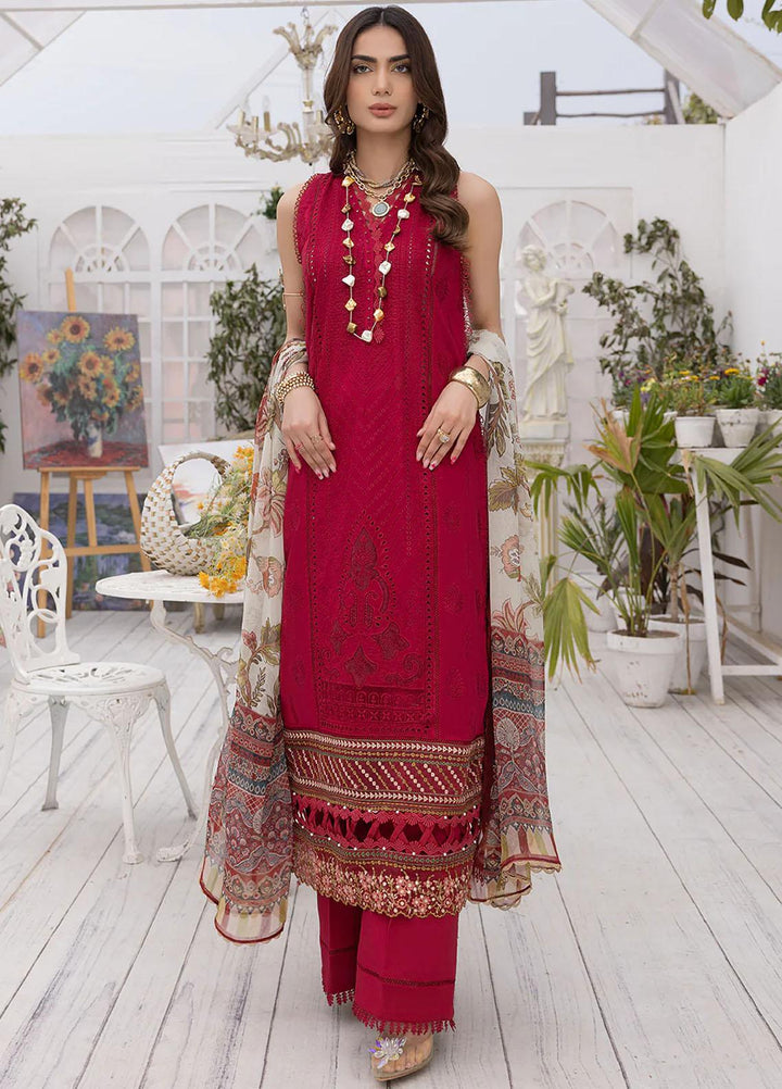 Hazel By Izel Embroidered Lawn Suits Unstitched 3 Piece IZL23H HLLC-02 Crimson - Luxury Collection