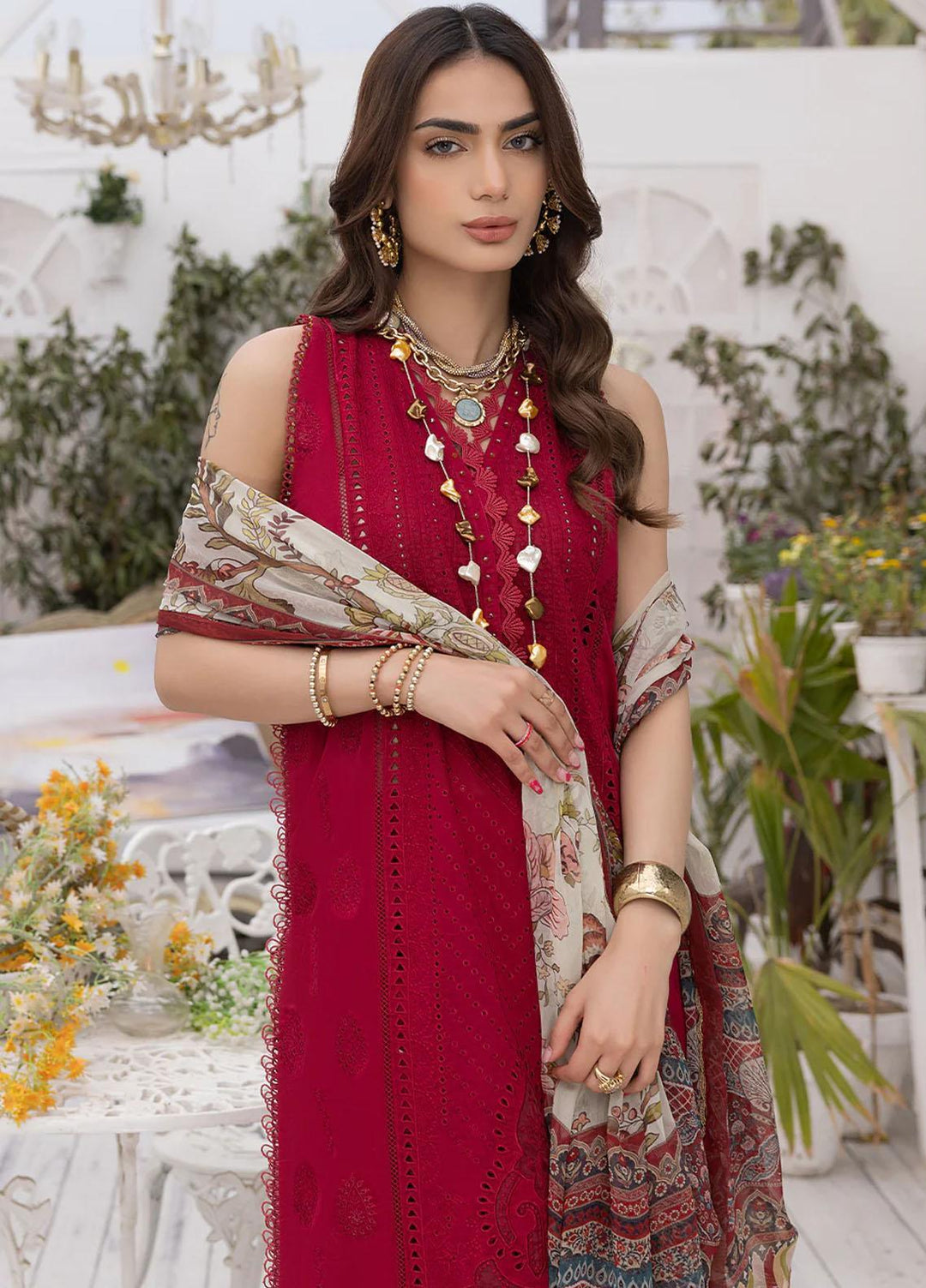 Hazel By Izel Embroidered Lawn Suits Unstitched 3 Piece IZL23H HLLC-02 Crimson - Luxury Collection