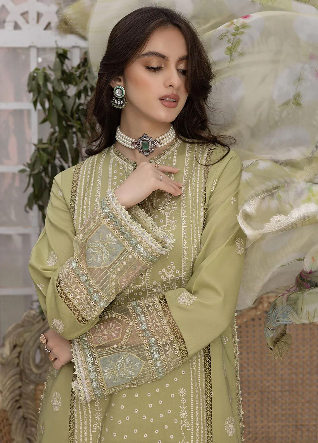 Hazel By Izel Embroidered Lawn Suits Unstitched 3 Piece IZL23H HLLC-04 Sage - Luxury Collection