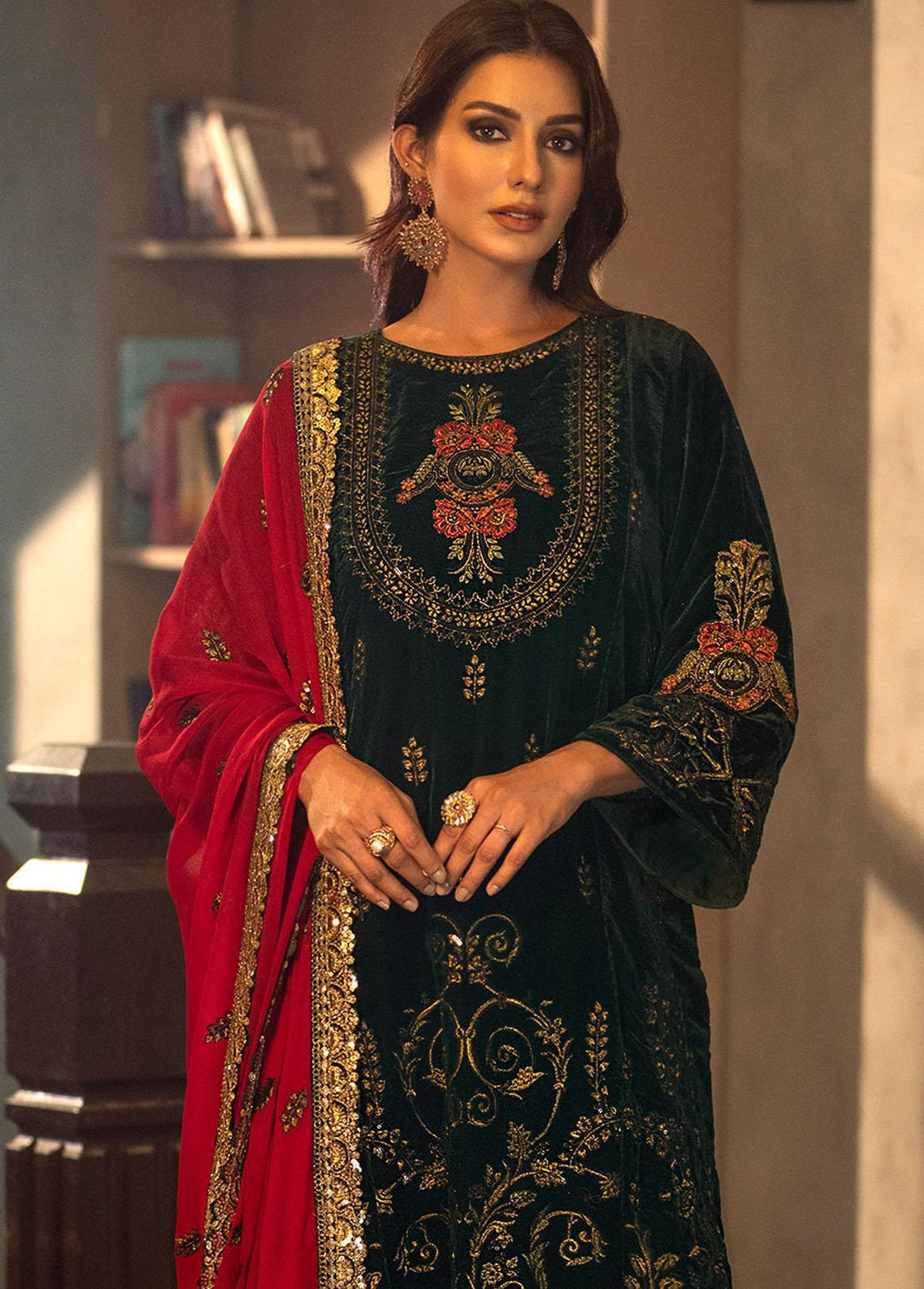 Heer By Noorma Kaamal Embroidered Velvet Suits Unstitched 3 Piece NK22H NK-V-04 - Luxury Collection