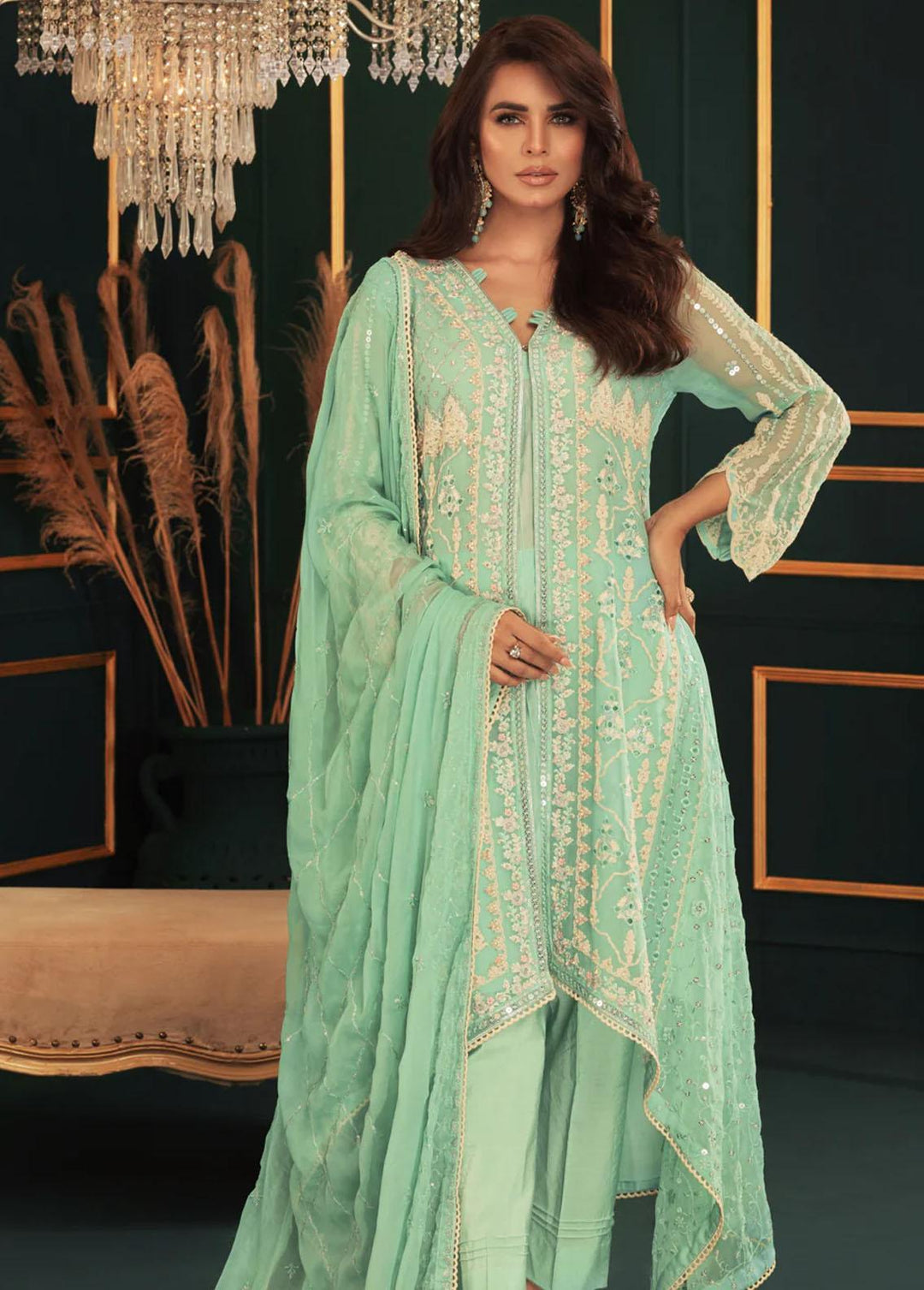 Shamooz Pret Embroidered Chiffon 3 Piece Suit SEM-0543 Mist Aqua