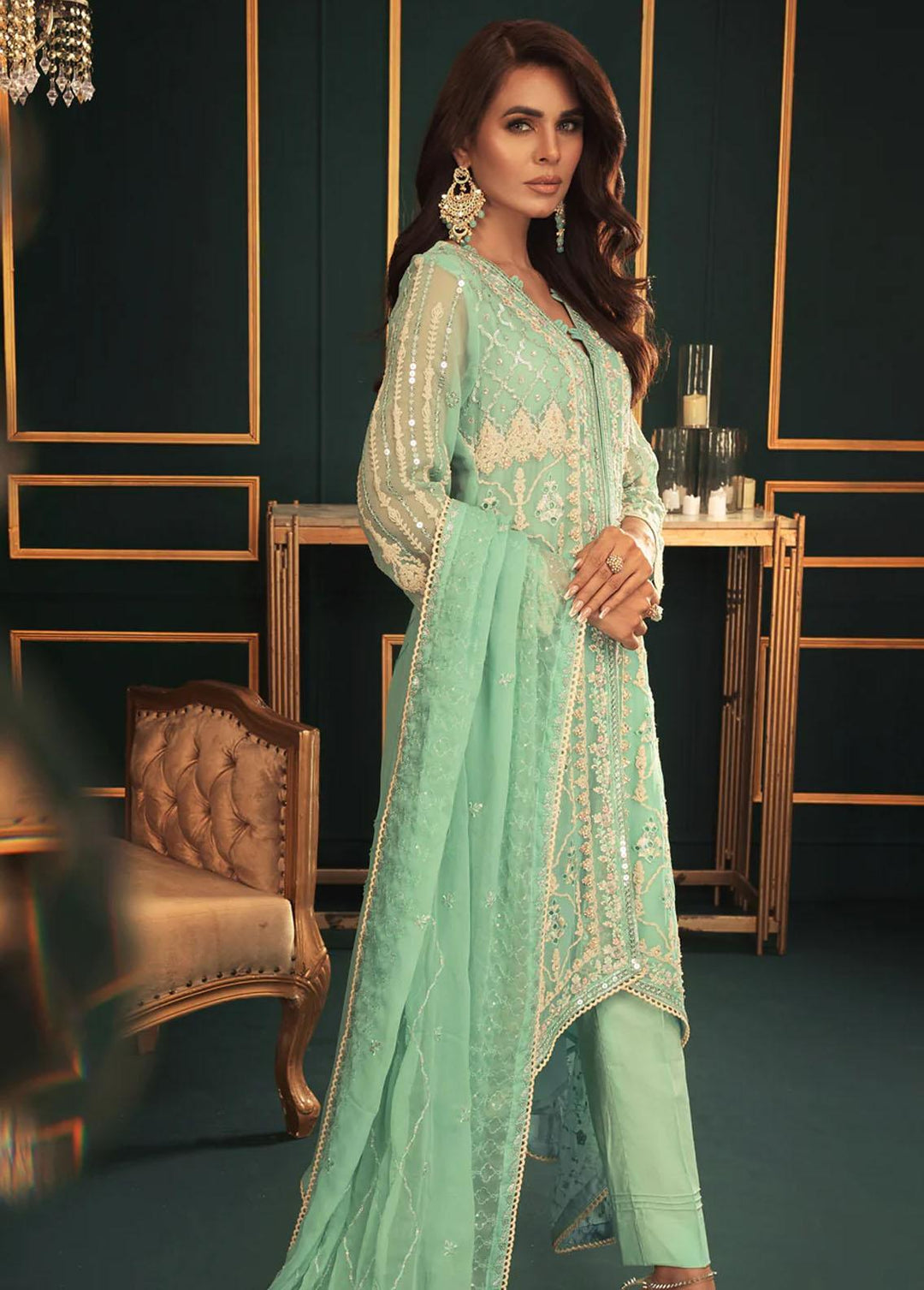 Shamooz Pret Embroidered Chiffon 3 Piece Suit SEM-0543 Mist Aqua