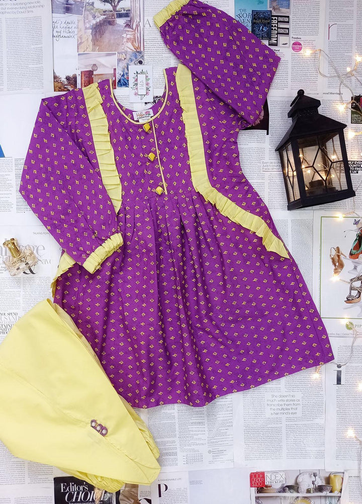 Hiba Clothing Cotton  2 Piece Suit for Girls -  HPW-005 PURPLE AND LIME