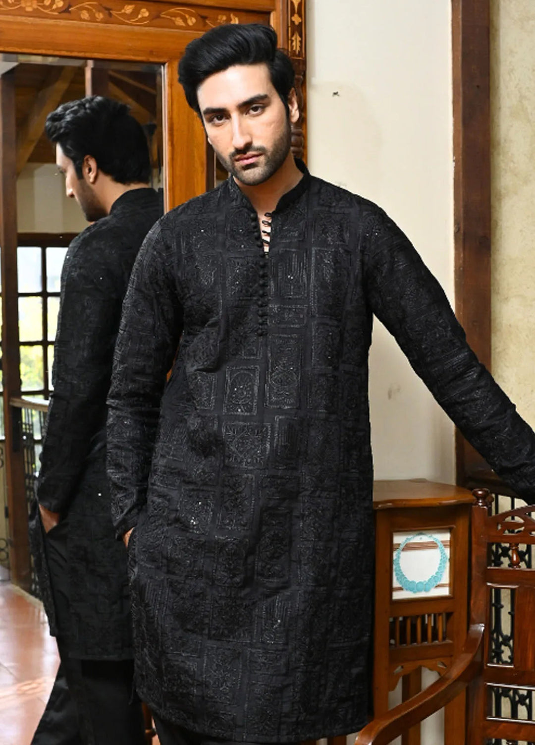 HK Fashion Raw Silk Mens - Black Emboidered Kurta Trouser