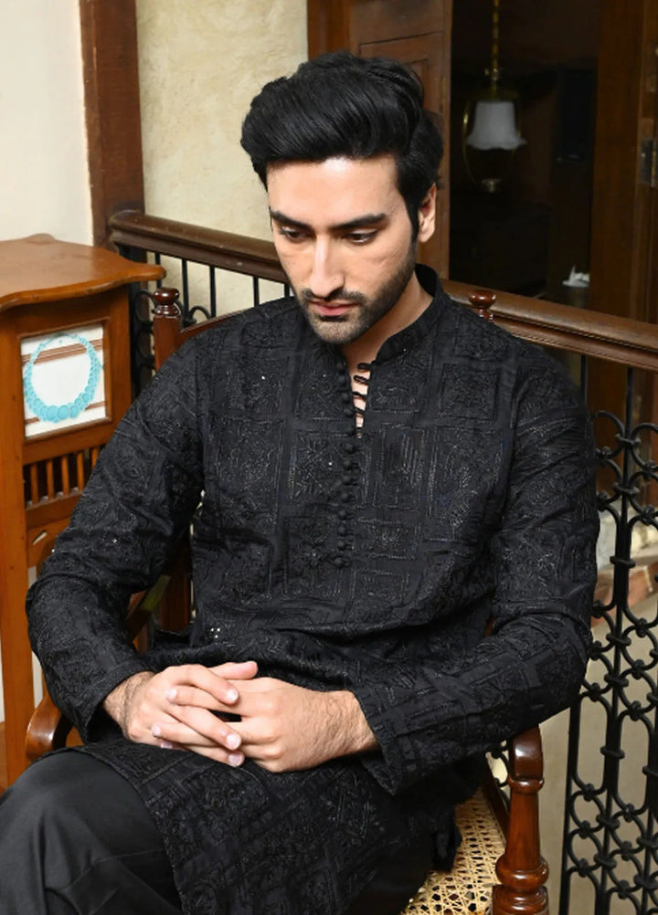 HK Fashion Raw Silk Mens - Black Emboidered Kurta Trouser