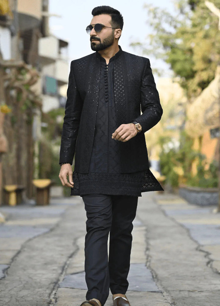 HK Fashion Raw Silk Mens - Black Embroidered Prince Coat