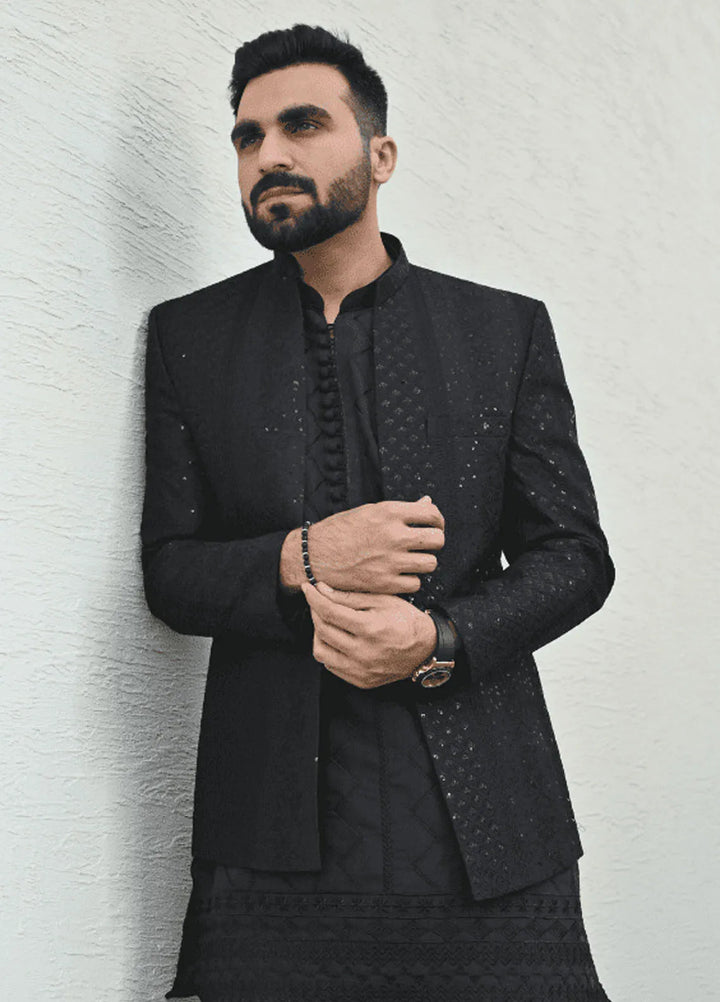 HK Fashion Raw Silk Mens - Black Embroidered Prince Coat