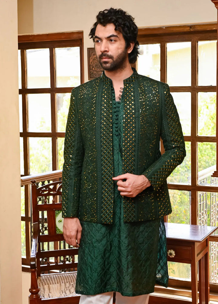HK Fashion Raw Silk Mens - Emerald Green Prince Coat