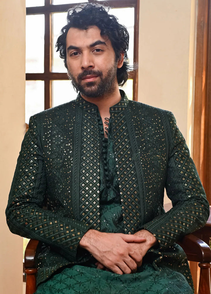 HK Fashion Raw Silk Mens - Emerald Green Prince Coat