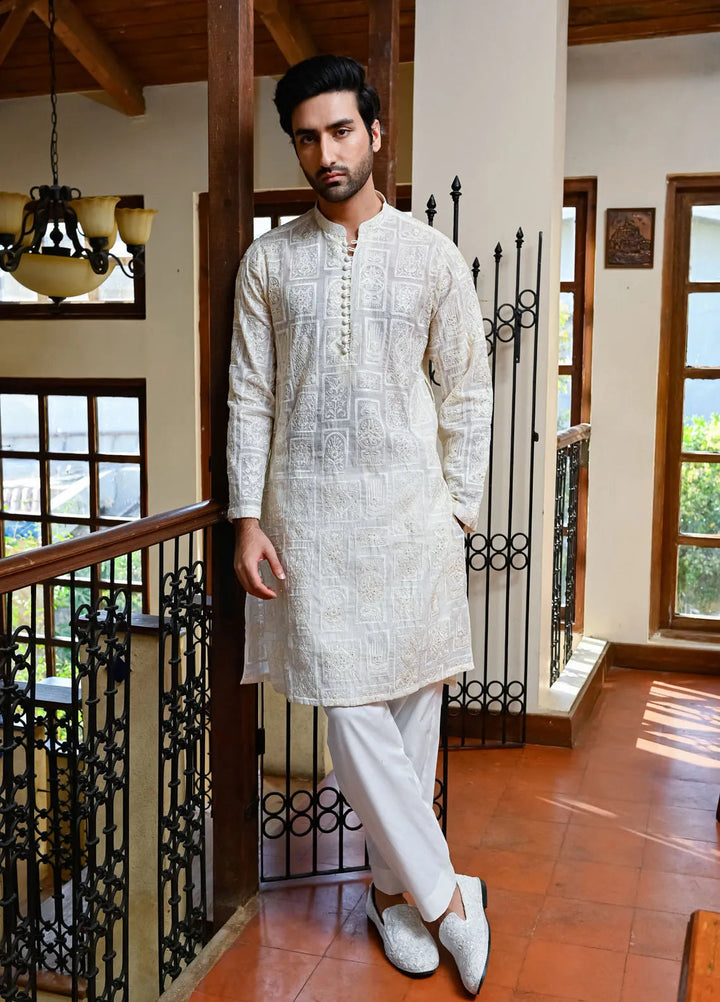 HK Fashion Raw Silk Mens - Off White Emboidered Kurta Trouser