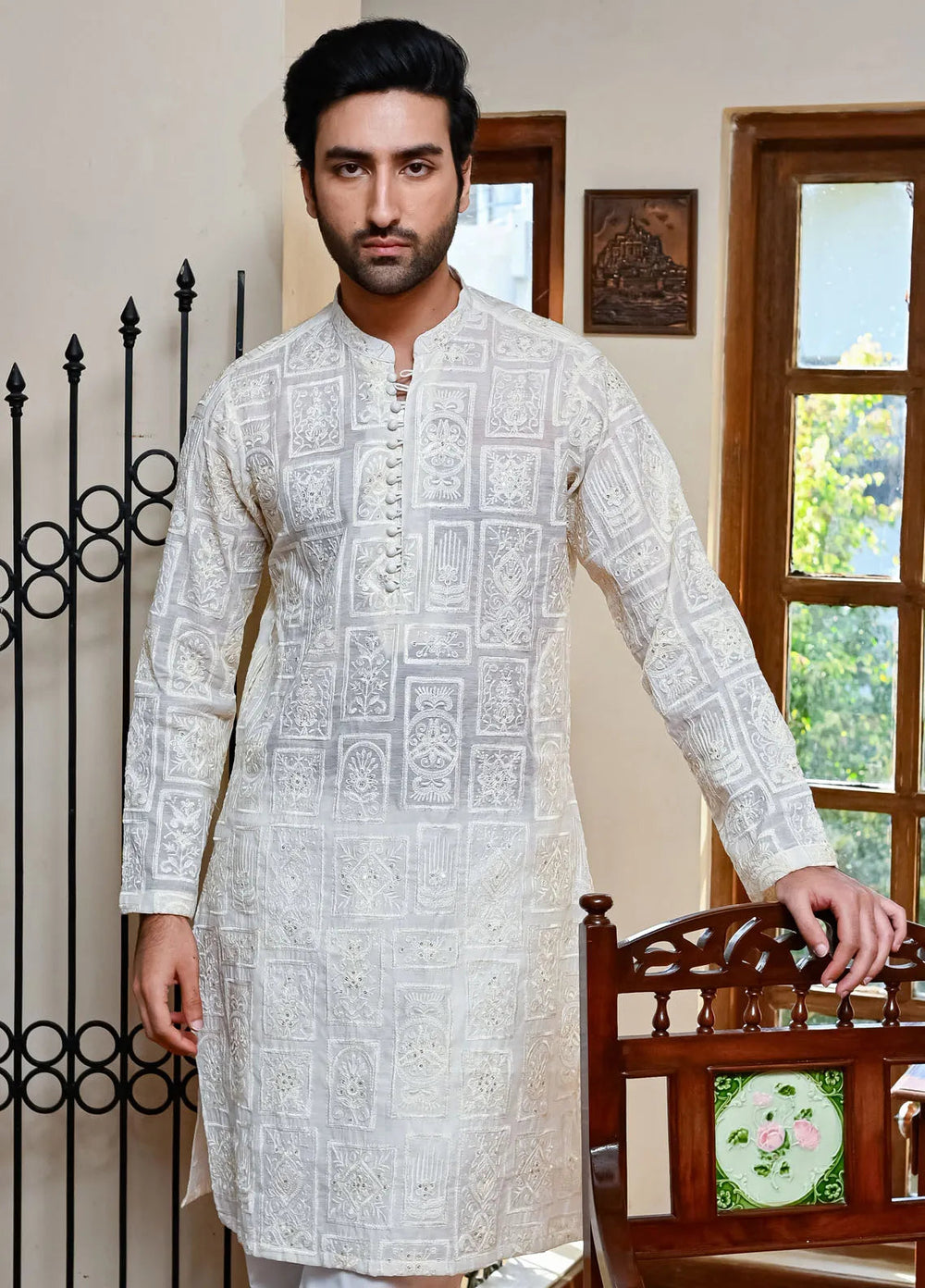 HK Fashion Raw Silk Mens - Off White Emboidered Kurta Trouser