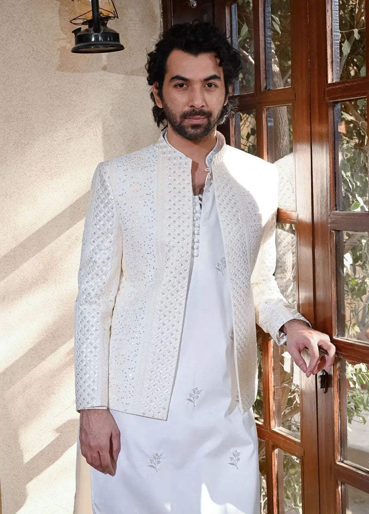 HK Fashion Raw Silk Mens - Off White Sequin Embroidered Prince coat