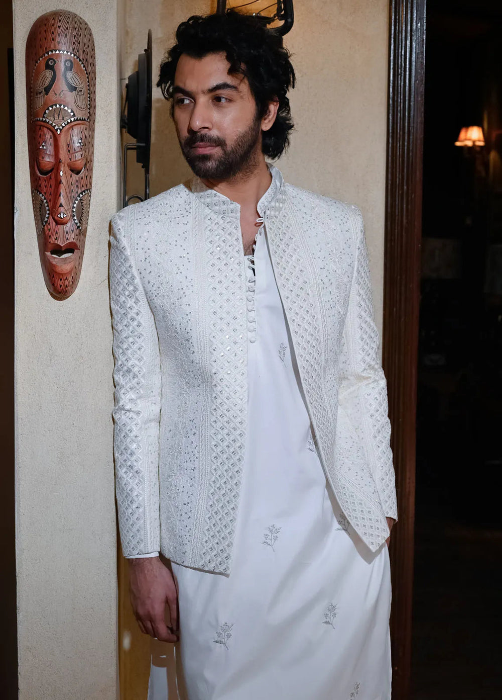 HK Fashion Raw Silk Mens - Off White Sequin Embroidered Prince coat