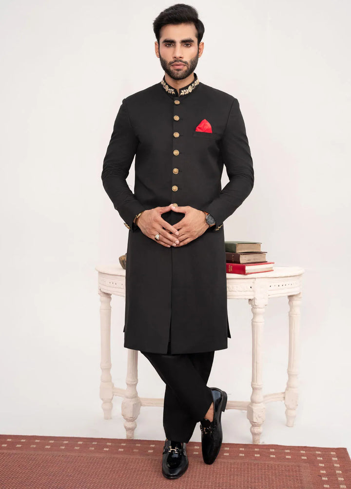 HK Fashion Suiting Mens - Black Embroidered Sherwani
