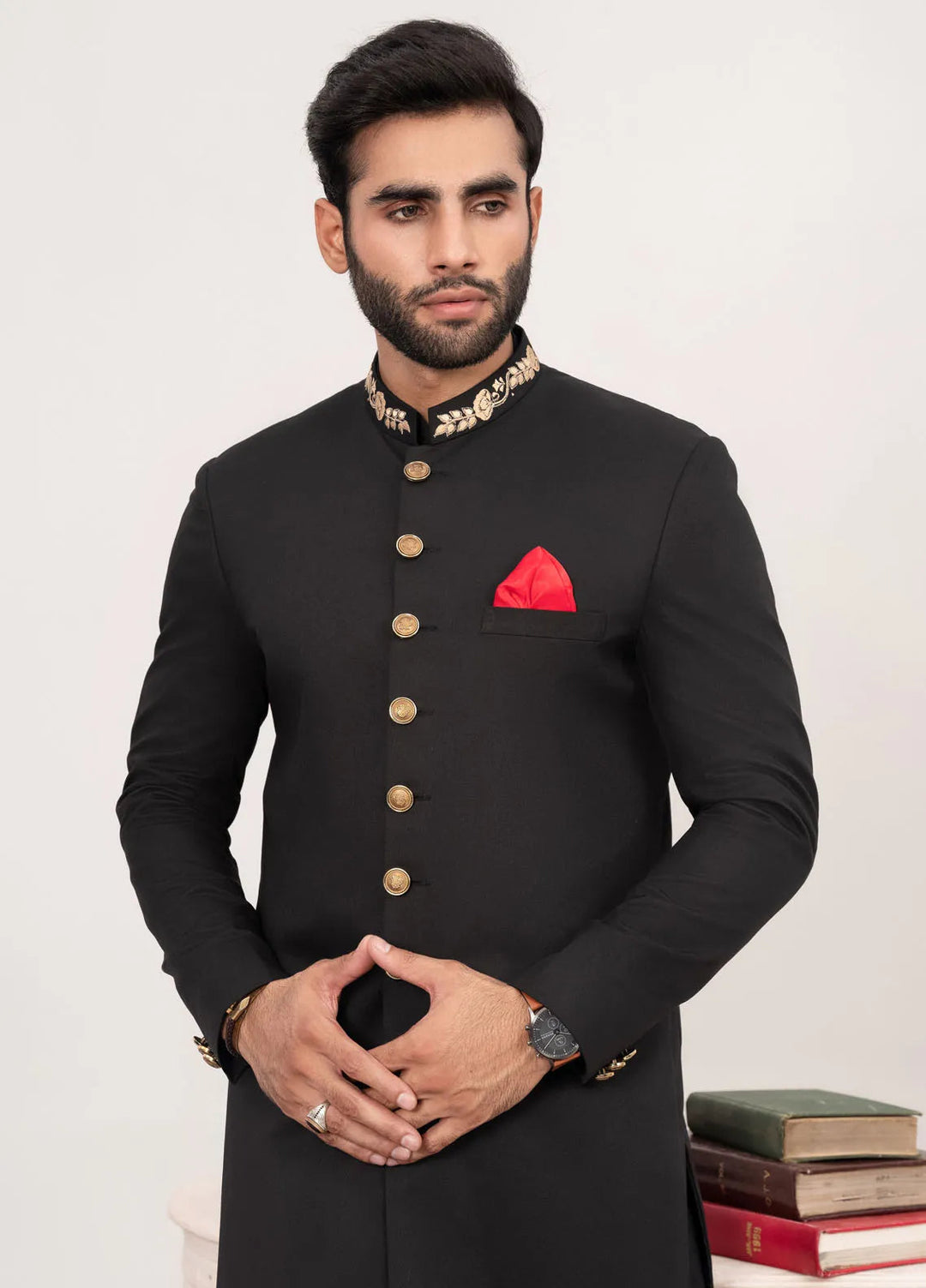 HK Fashion Suiting Mens - Black Embroidered Sherwani