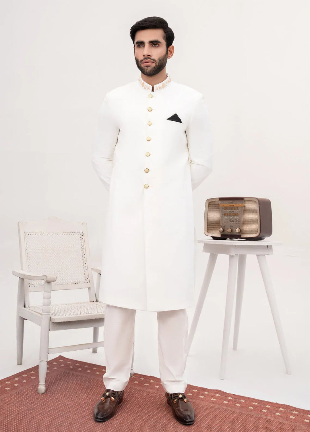 HK Fashion Suiting Mens - White Embroidered Sherwani