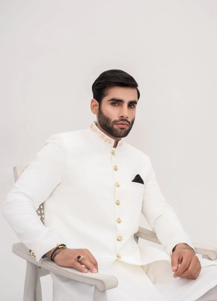 HK Fashion Suiting Mens - White Embroidered Sherwani