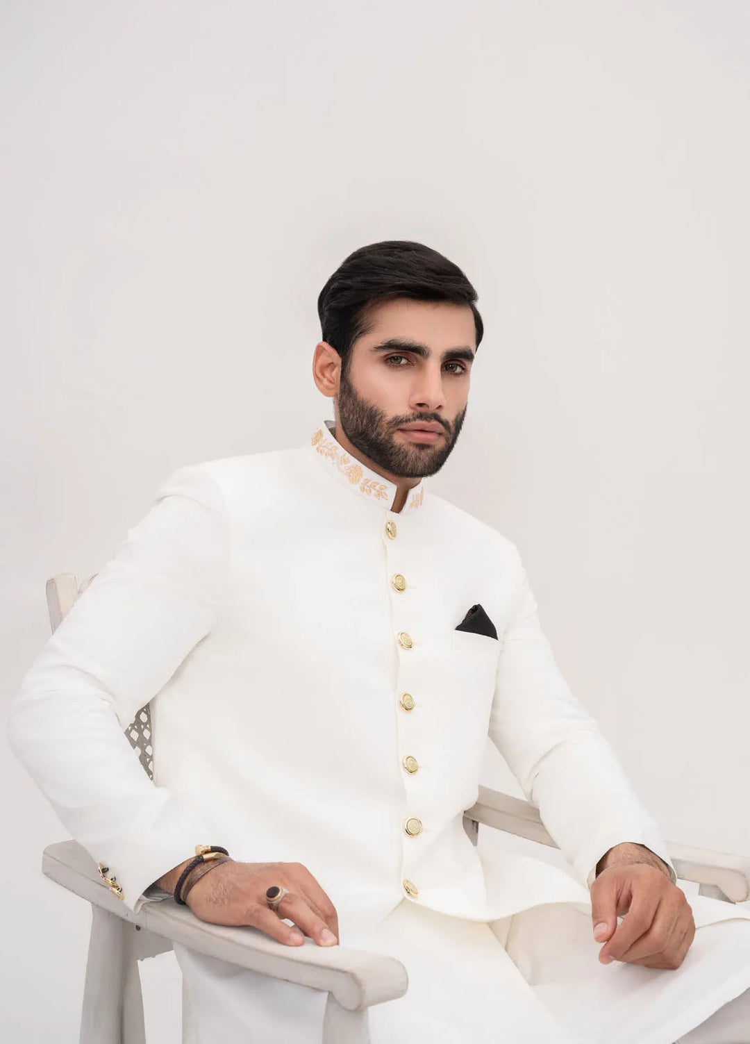 HK Fashion Suiting Mens - White Embroidered Sherwani