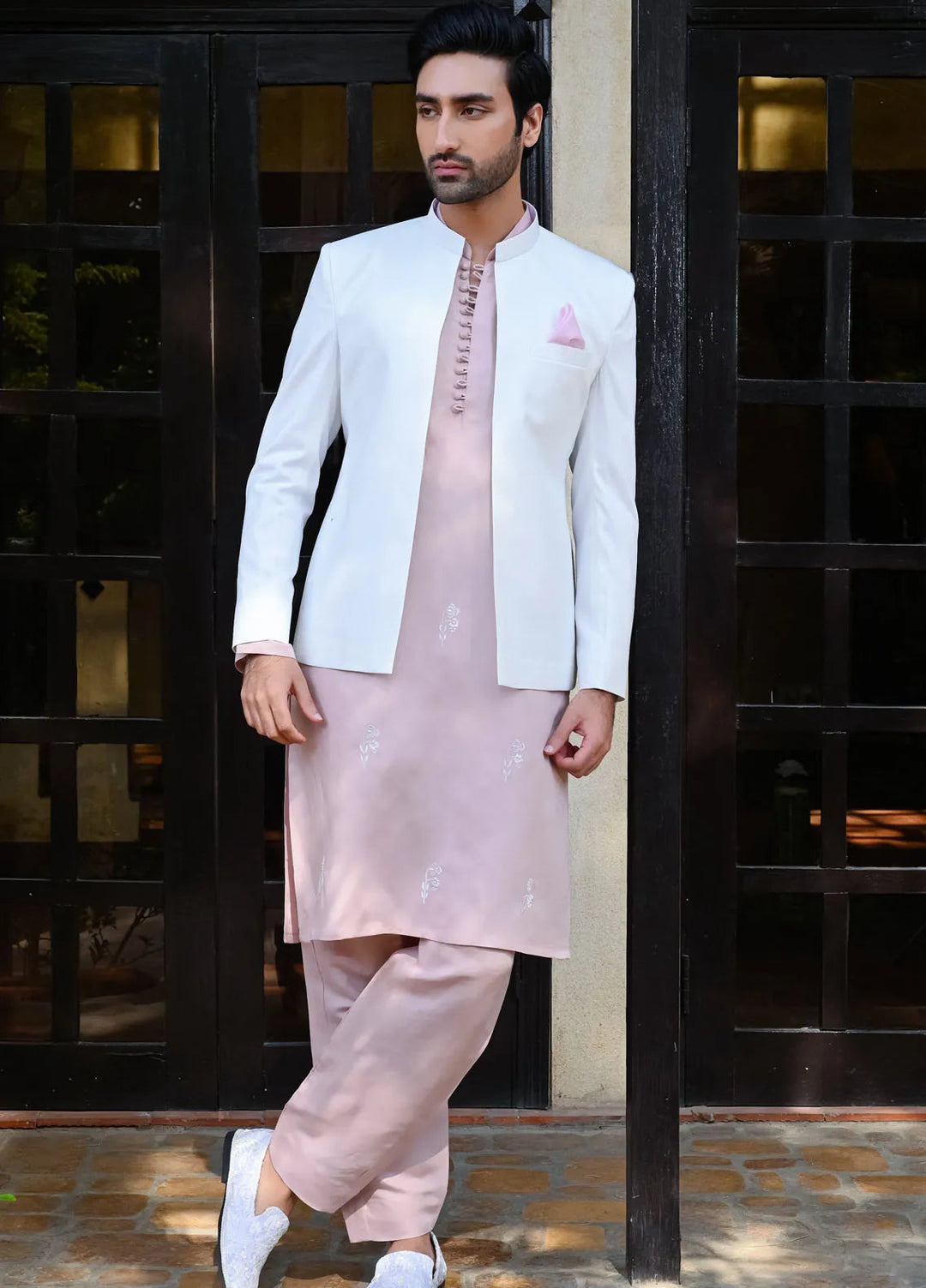 HK Fashion Suiting Mens - White Self Prince Coat