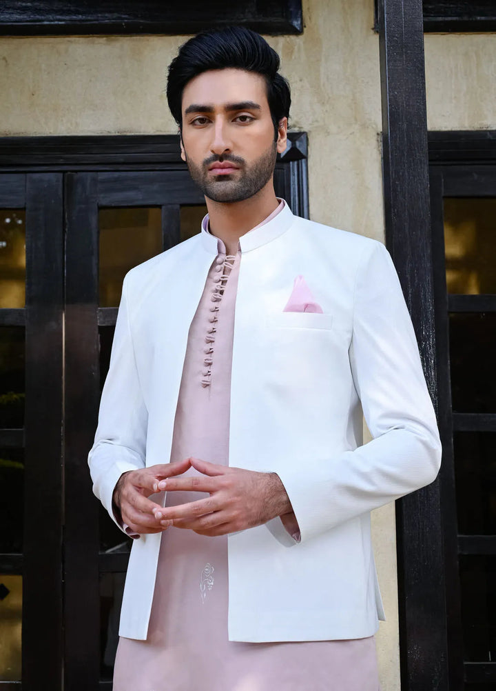 HK Fashion Suiting Mens - White Self Prince Coat