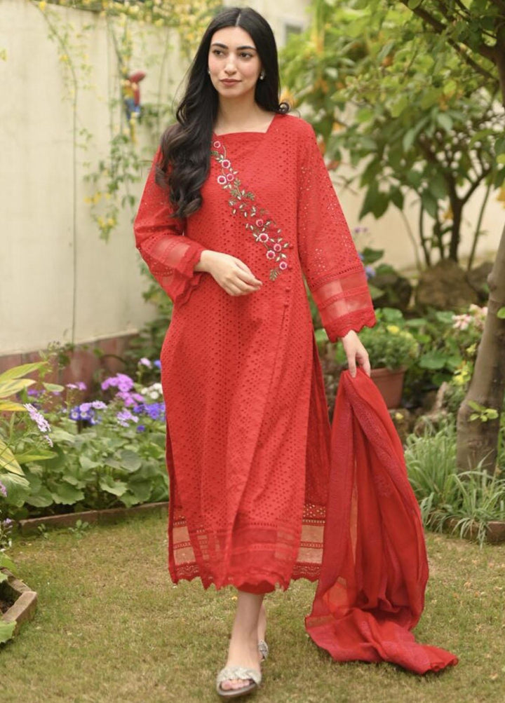 Hues Atelier Pret Embroidered Chikankari 3 Piece Suit HA23B Red Chicken Angrakha